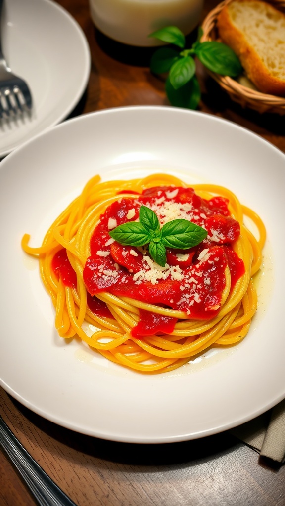 Elegant plating of spaghetti with marinara sauce garnished with basil and Parmesan on a white plate.